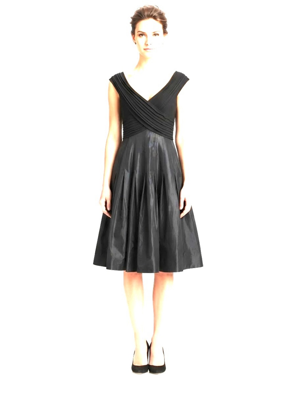 Elegant Black Faux-Wrap Midi Dress with Pleated Bodice